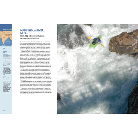A kayaker in green navigates whitewater rapids on Nepal’s Madi Khola River—one of the top sites featured in Fernhurst Books’ Ultimate Paddling Adventures; text and a map of Nepal appear to the left.