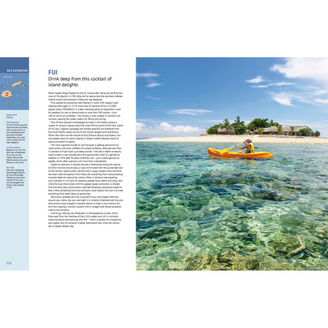 A person paddles a yellow kayak in Fiji’s clear waters by palm-lined beaches and blue skies. On the left, text about sea kayaking and the Fiji experience from "Ultimate Paddling Adventures" by Fernhurst Books is displayed.