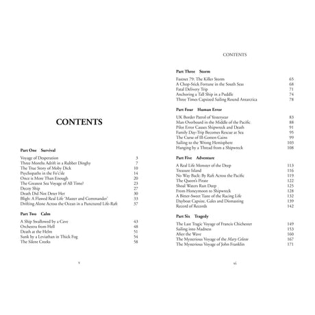The table of contents in "Amazing Sailing Stories" by Fernhurst Books lists five parts—Survival, Calm, Storm, Human Error, and Adventure—with chapter titles and page numbers, making it a perfect gift for fans of true sailing adventures.