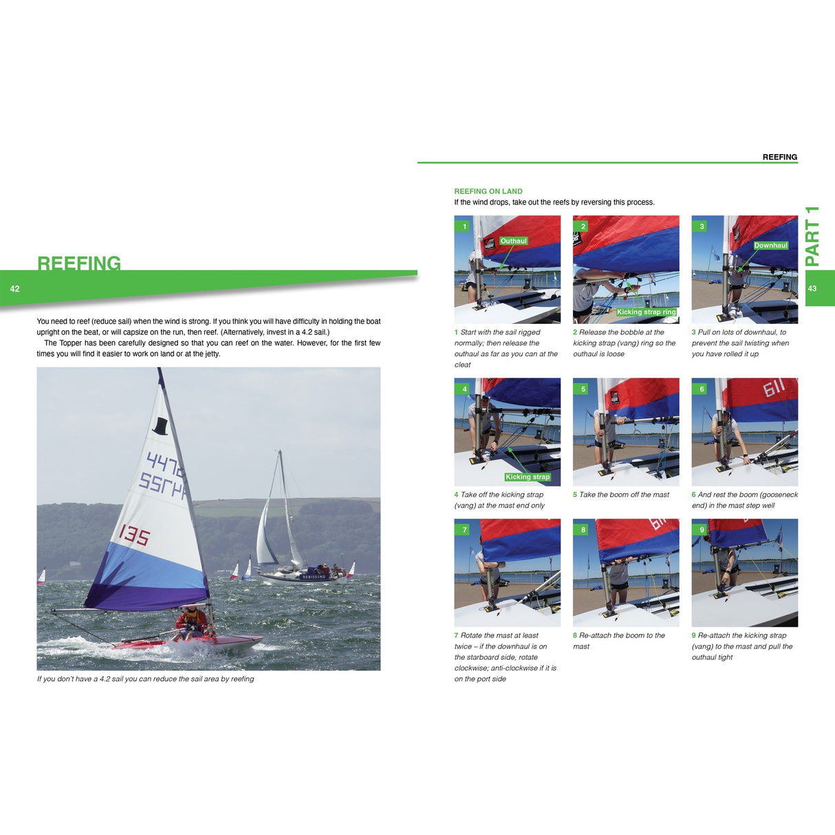 A page from Fernhurst Books' Topper Book displays a large photo of a Topper sailing, plus nine step-by-step images with numbered captions on reefing a sail, demonstrating skills both afloat and ashore.