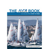 Cover of ILCA Book by Fernhurst Books shows several ILCA dinghies racing with numbered white sails, buildings and hills in the background. Authors Tim Davison & Jon Emmett are listed at the bottom.