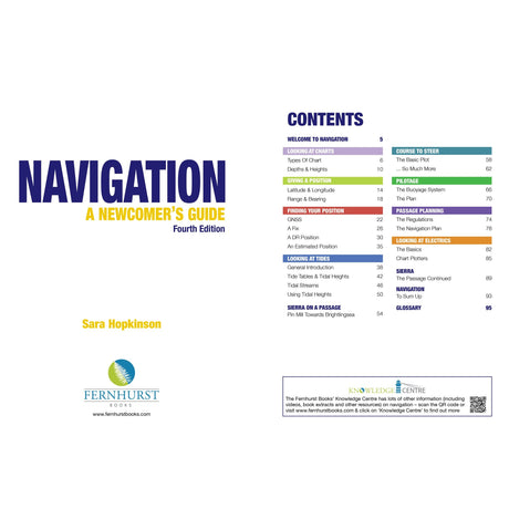 The cover and contents page of "Navigation: A Newcomer's Guide" by Fernhurst Books—a practical introduction to Admiralty charts, navigation aids, bearings, and rules of the road. Perfect for RYA Yachtmaster preparation.
