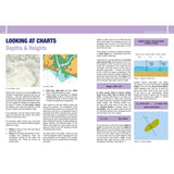 A page in "Navigation: A Newcomer's Guide" by Fernhurst Books explains using Admiralty charts for navigation, featuring diagrams, shaded tables, and color-coded sections on chart datum and water depth calculation.