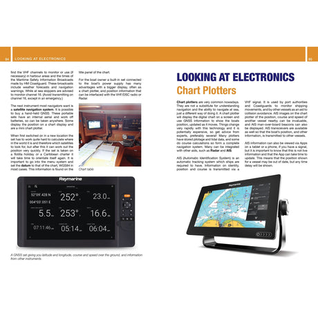 A magazine spread about electronic chart plotters features touchscreen navigation devices, a chart table with 'Navigation: A Newcomer's Guide' by Fernhurst Books, Admiralty charts, and discusses the functions of chart plotters.