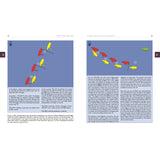 Two pages from 'Rules In Practice 2025-2028' by Fernhurst Books feature red and yellow sailboats, clear diagrams, and instructions on positions and obligations, with blue backgrounds for an easy-to-follow guide to sailing rules.