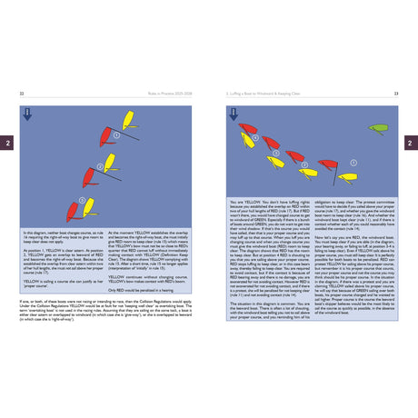 Two pages from 'Rules In Practice 2025-2028' by Fernhurst Books feature red and yellow sailboats, clear diagrams, and instructions on positions and obligations, with blue backgrounds for an easy-to-follow guide to sailing rules.