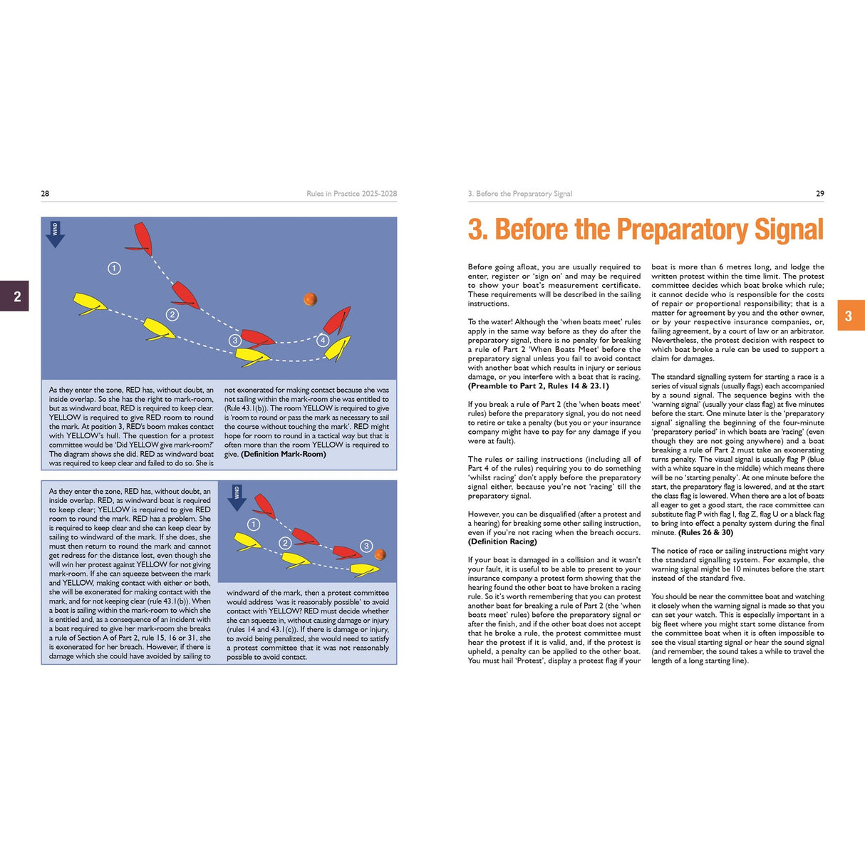 A two-page spread from Fernhurst Books’ "Rules In Practice 2025-2028" shows sailboat diagrams with colored arrows and text. Section 3, "Before the Preparatory Signal," begins, featuring a racecourse guide in bold orange text.