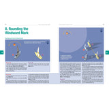 Two pages from Fernhurst Books' Rules In Practice 2025-2028 guide racecourses with diagrams and explanations, using text and arrows to show how sailboats round a port-hand windward mark.