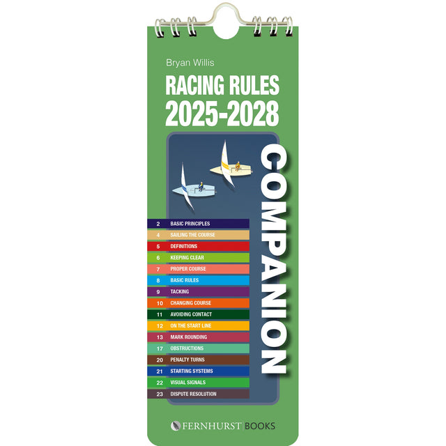 The image shows the cover of "Racing Rules Companion 2025-2028" by Fernhurst Books, a trusted sailing rules guide. The green cover displays two sailboats, numbered topics, and the Fernhurst Books logo at the bottom.