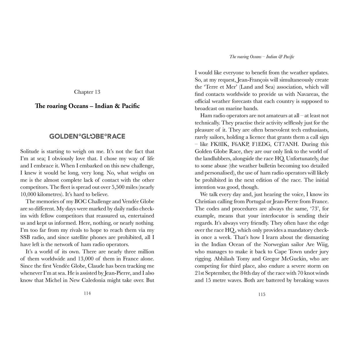 An open copy of "Last Sea Dog" by Fernhurst Books shows Chapter 13, "The roaring Oceans – Indian & Pacific," detailing solo sailing, the Golden Globe Race, weather updates, and storm challenges during circumnavigation.