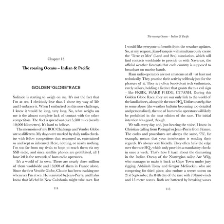 An open copy of "Last Sea Dog" by Fernhurst Books shows Chapter 13, "The roaring Oceans – Indian & Pacific," detailing solo sailing, the Golden Globe Race, weather updates, and storm challenges during circumnavigation.