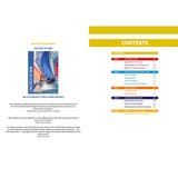 The image shows the contents page of "Helming To Win" by Fernhurst Books, listing chapters and racing techniques on colored bars. The cover features sailboats, making it ideal for any aspiring sailing champion.