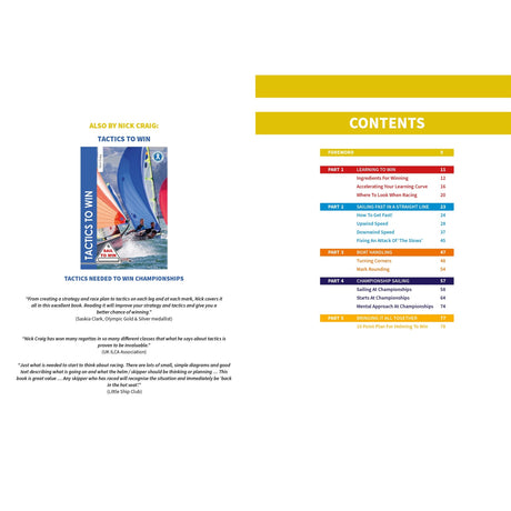 The image shows the contents page of "Helming To Win" by Fernhurst Books, listing chapters and racing techniques on colored bars. The cover features sailboats, making it ideal for any aspiring sailing champion.
