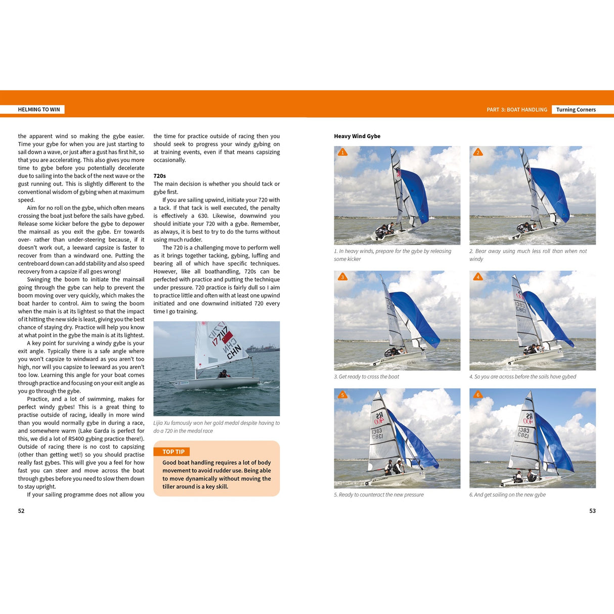 Six images from Fernhurst Books’ "Helming To Win" illustrate a sailor in a small dinghy, expertly demonstrating tacking techniques in heavy wind, with each photo showing precise sail and body movements for racing success.