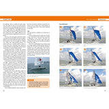 Six images from Fernhurst Books’ "Helming To Win" illustrate a sailor in a small dinghy, expertly demonstrating tacking techniques in heavy wind, with each photo showing precise sail and body movements for racing success.