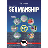 Illustrated Seamanship" by Fernhurst Books features nautical icons—knots, ropes, and an anchor—within circular frames on a blue sea-patterned cover, making it ideal for learning yacht seamanship and rope handling.