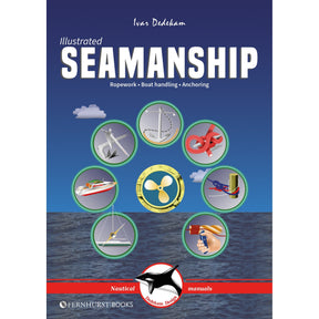 Illustrated Seamanship" by Fernhurst Books features nautical icons—knots, ropes, and an anchor—within circular frames on a blue sea-patterned cover, making it ideal for learning yacht seamanship and rope handling.
