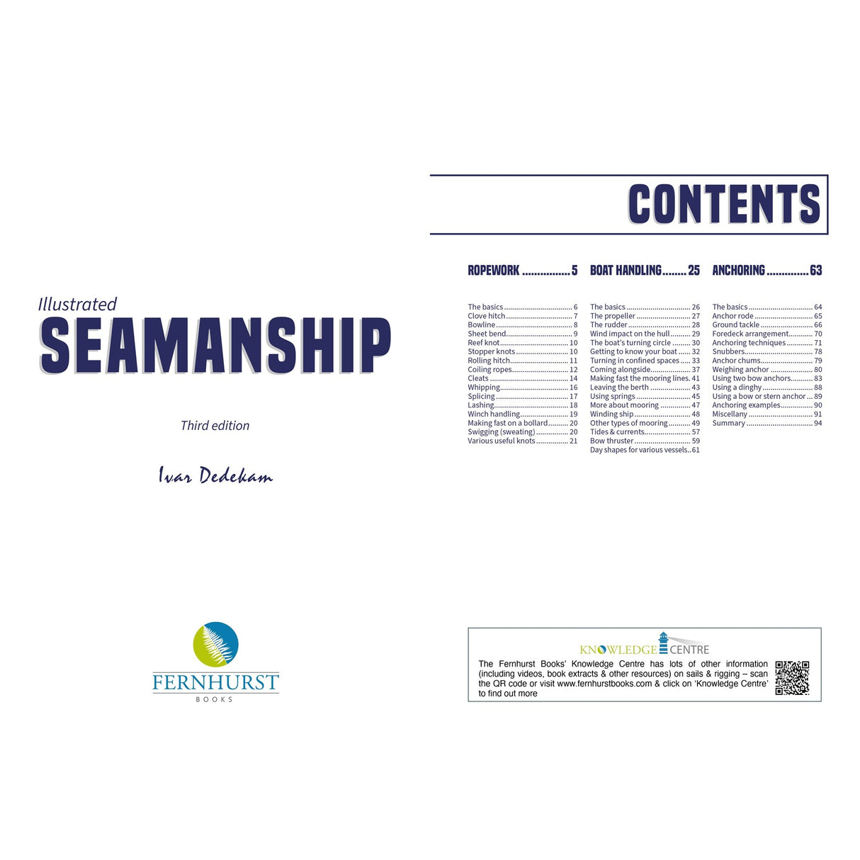 The cover and contents page of Illustrated Seamanship from Fernhurst Books showcase topics such as ropework, boat handling, anchoring, and traditional sailing techniques, with the Fernhurst Books logo at the bottom.