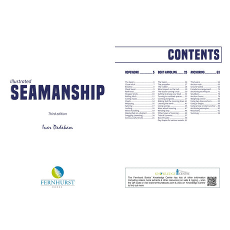 The cover and contents page of Illustrated Seamanship from Fernhurst Books showcase topics such as ropework, boat handling, anchoring, and traditional sailing techniques, with the Fernhurst Books logo at the bottom.