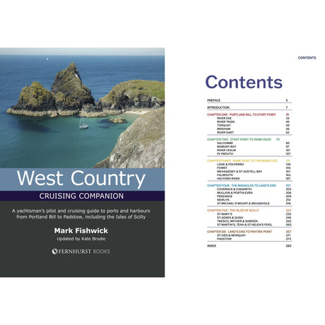 The image displays the cover of "West Country Cruising Companion" by Fernhurst Books, featuring a coastal scene with rocky cliffs and a lighthouse, next to a table of contents listing chapters and page numbers.