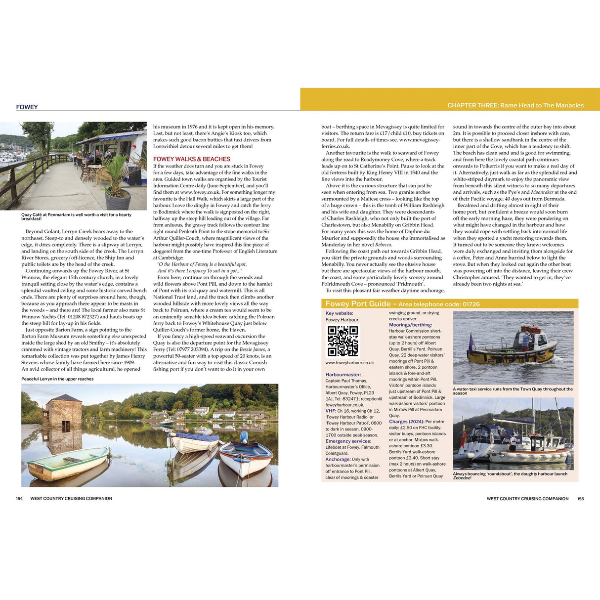 A two-page spread on Fowey features riverside photos, boats, a stone boathouse, travel text, a tourism info QR box, and spotlights Fowey and the Minnecks—drawing inspiration from Fernhurst Books’ West Country Cruising Companion.