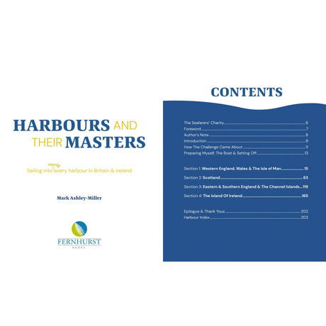 The image displays the cover and contents page of "Harbours And Their Masters" by Mark Ashley-Miller, published by Fernhurst Books. The contents outline sections on British and Irish harbours and their masters.