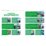 A magazine spread titled "Harbours And Their Masters" from Fernhurst Books features text and photos of people at Irish harbours and boats, each with a green caption box detailing the location, individuals shown, and links to British harbours.