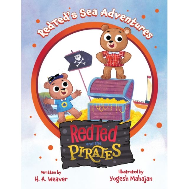 The "RedTed and the Pirates" book cover by Magic Moon Publishing features two bears: one in a red shirt on a treasure chest of gold, and another bear in a pirate hat by a pirate flag. An interactive adventure story awaits!.