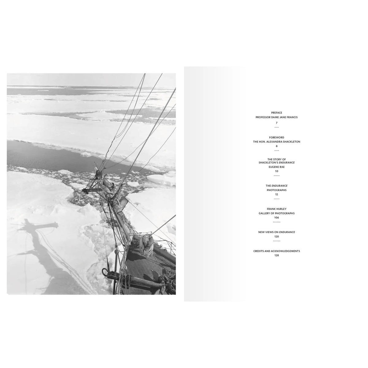 A black-and-white Frank Hurley photograph of a ship’s mast over an ice-covered sea, next to the table of contents for The Endurance Photographs by Riverside Press.