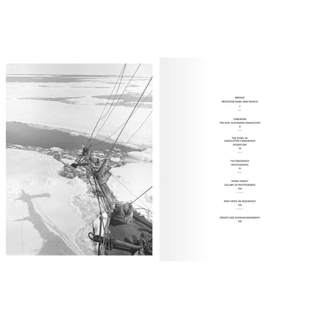 A black-and-white Frank Hurley photograph of a ship’s mast over an ice-covered sea, next to the table of contents for The Endurance Photographs by Riverside Press.