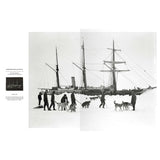 In The Endurance Photographs, a black and white Frank Hurley image shows crew members exercising sled dogs on an ice floe next to the Endurance, with descriptive text captions to the left.