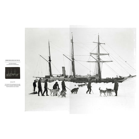 In The Endurance Photographs, a black and white Frank Hurley image shows crew members exercising sled dogs on an ice floe next to the Endurance, with descriptive text captions to the left.