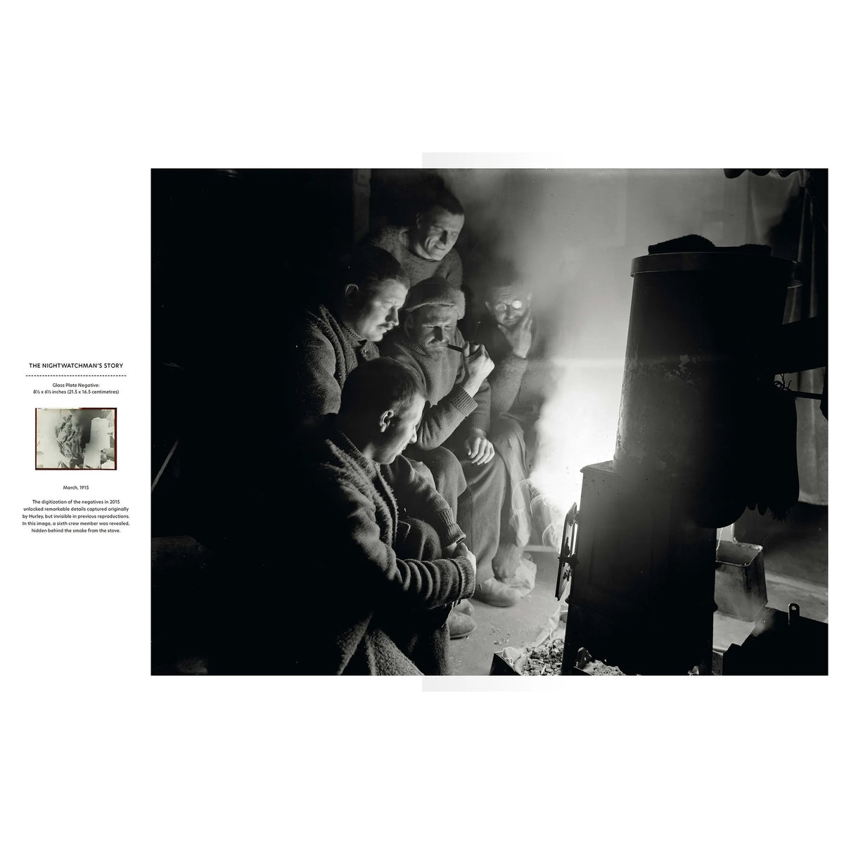 Five men sit around a glowing stove in a dimly lit, smoky interior in this photograph from The Endurance Photographs by Riverside Press.