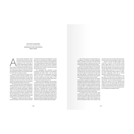Two pages from The Endurance Photographs, featuring Frans Lanting’s essay “Near Enough is Not Good Enough,” with Frank Hurley photographs and page number 120 at the bottom of each column of text.