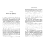 An open copy of “Golden Lily - 10 Years On” by Fernhurst Books shows Chapter 4, "Training to be a Professional," with text on both pages detailing Lijia Xu's Olympic dinghy sailing journey; there are no images or illustrations.