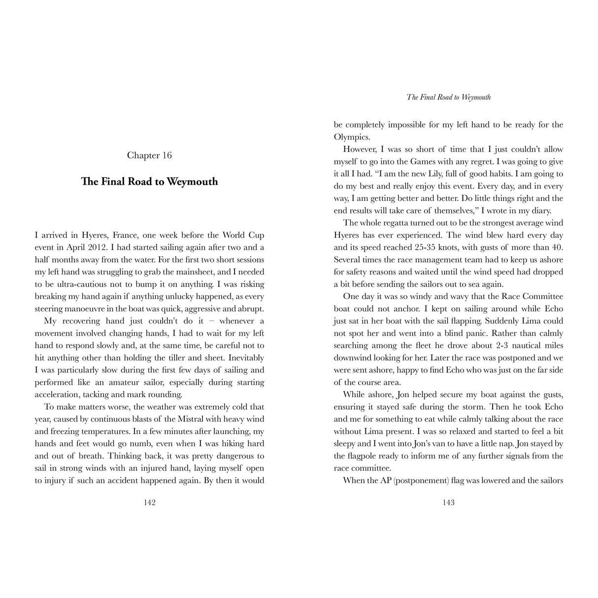 An open book, "Golden Lily - 10 Years On" by Fernhurst Books, shows Chapter 16, "The Final Road to Weymouth," recounting Olympic gold medallist Lijia Xu’s dinghy sailing challenges and reflections leading up to the Olympics.