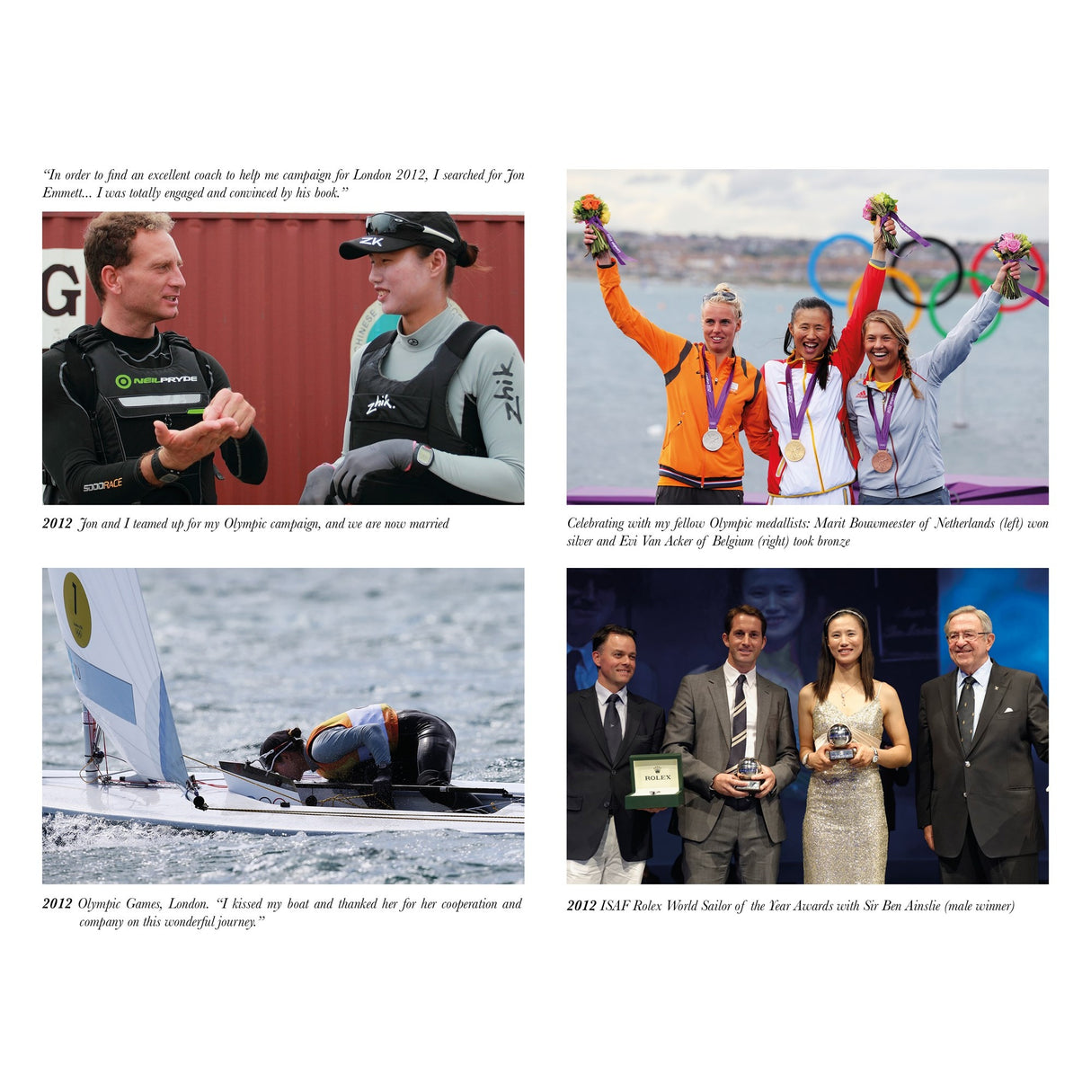 A collage for "Golden Lily - 10 Years On" by Fernhurst Books: sailors in wetsuits shake hands; Olympic gold medallist Lijia Xu celebrates; solo dinghy competition; and a man and woman receive awards on stage.