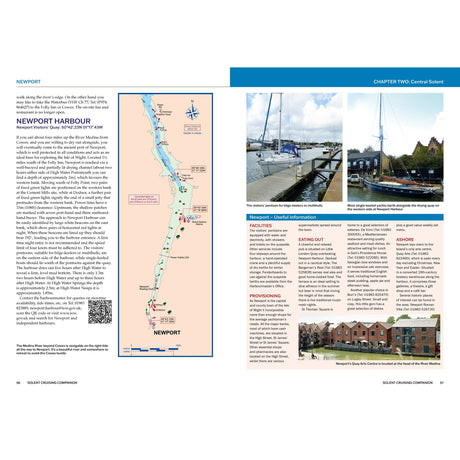 A spread from the Solent Cruising Companion by Fernhurst Books shows a Newport Harbour map with pilotage info on the left, and photos of boats and waterfront buildings plus text about harbor facilities and local amenities on the right.