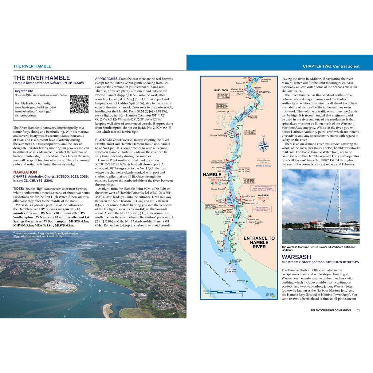 The Solent Cruising Companion from Fernhurst Books features a River Hamble map with navigation notes, safety tips, pilotage info, marina photos, yacht images, a QR code, and guidance on cruising and approaches in the Solent.