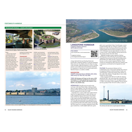 Two pages in the Solent Cruising Companion by Fernhurst Books show photos and details on Portsmouth and Langstone Harbours, with aerial views, navigation advice, marina info, transport tips, coastal scenery, and essential pilotage guidance.
