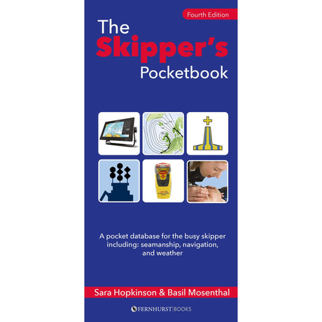 Skipper's Pocketbook by Fernhurst Books is a handy fourth edition sailing guide by Sara Hopkinson & Basil Mosenthal, featuring navigation, buoy, harbor, and weather icons on the cover.