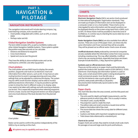 A page from Fernhurst Books' Skipper's Pocketbook, an essential sailing guide, covers navigation instruments, global satellite systems, chart plotters, and charts with illustrations of a chart plotter and radar screen.