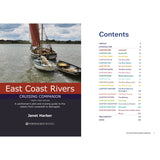 A book cover for East Coast Rivers Cruising Companion showing a sailboat on a river next to a page displaying the table of contents for this pilotage and navigational guide.