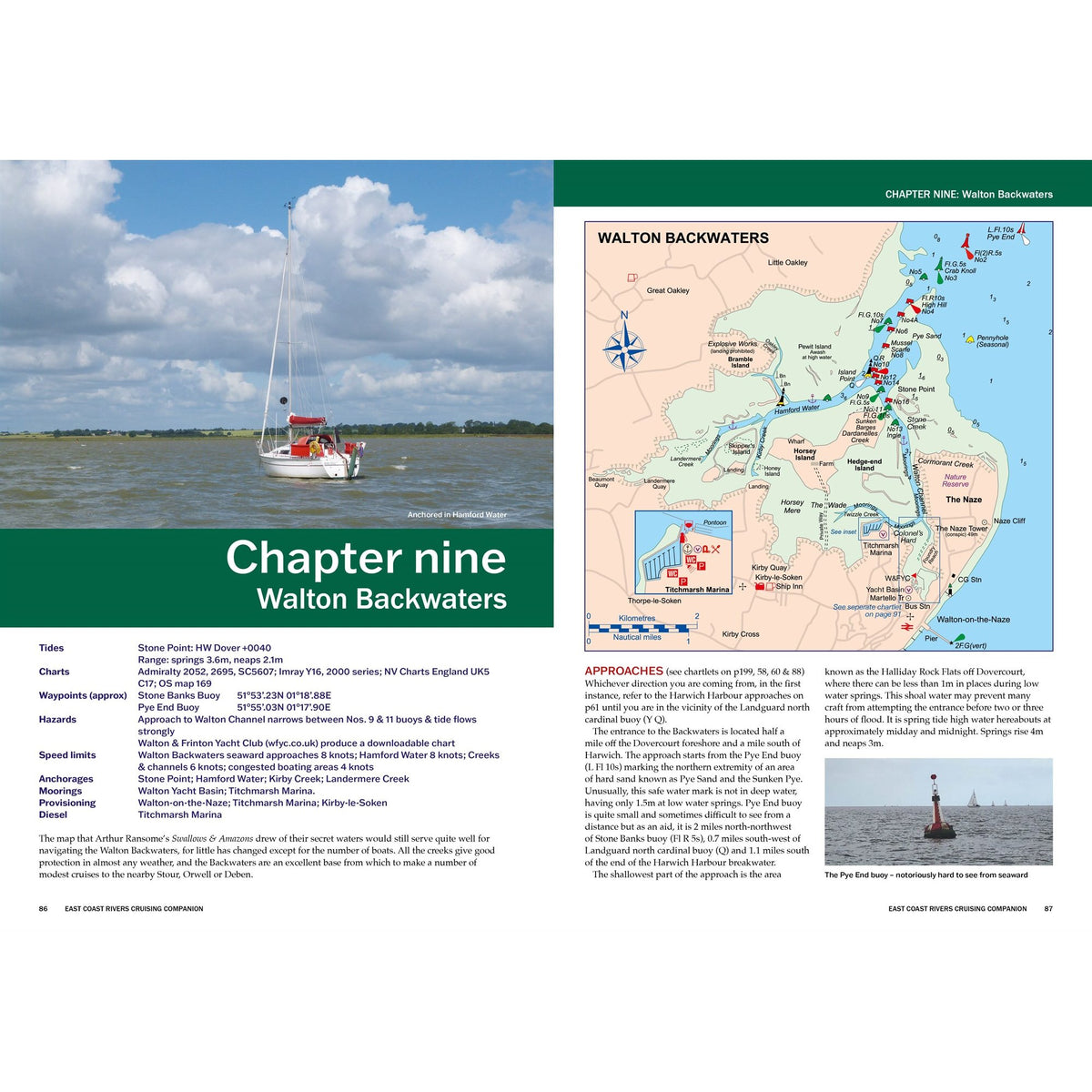 Open pages of the East Coast Rivers Cruising Companion showing a nautical map of Walton Backwaters, alongside navigational charts, tidal information, and instructional text from the pilotage and navigational guide.