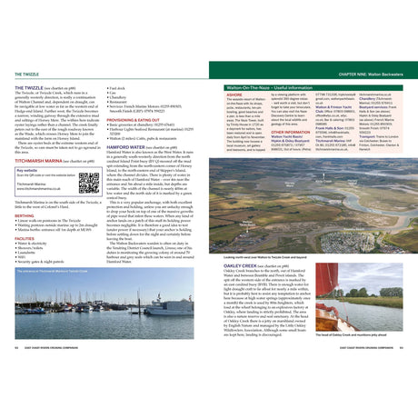 Two open pages from the East Coast Rivers Cruising Companion, featuring descriptive text, contact information, and aerial photographs of river landscapes with labeled landmarks.