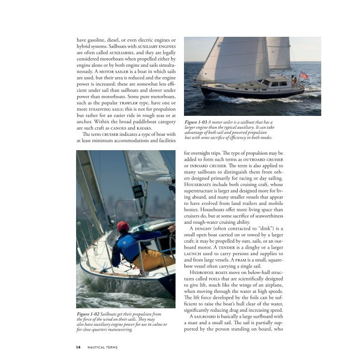 A page from Chapman Piloting & Seamanship featuring two images: one showing a sailboat on the water, and another showing a small boat with a motor underway.