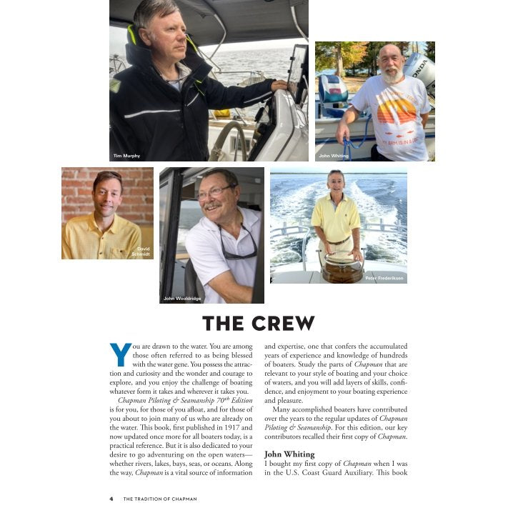 Four headshots of men identified as contributors for Chapman Piloting & Seamanship, positioned above descriptive text titled “The Crew.”
