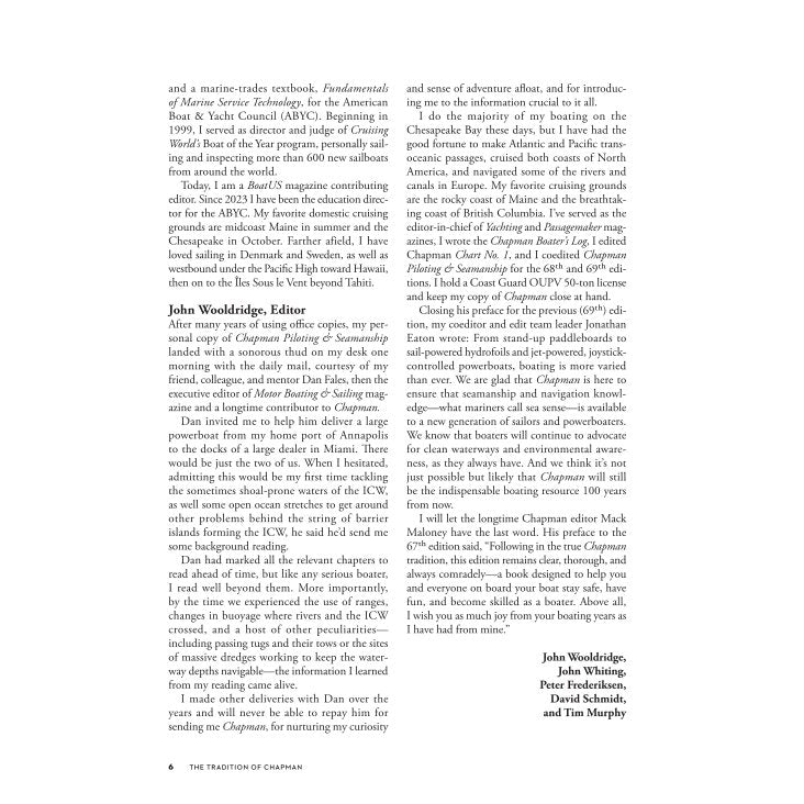 Two columns of printed text from the preface of Chapman Piloting & Seamanship, featuring a section heading titled “John Wooldridge” and a footer with a page number and title.