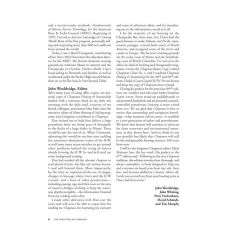 Two columns of printed text from the preface of Chapman Piloting & Seamanship, featuring a section heading titled “John Wooldridge” and a footer with a page number and title.