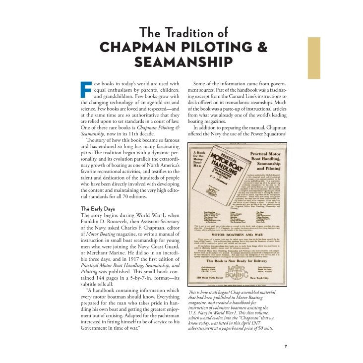 A page from Chapman Piloting & Seamanship detailing the history of a maritime manual, including an advertisement for “Practical Motor Boat Handling, Seamanship and Piloting” which highlights essential skills for boating.
